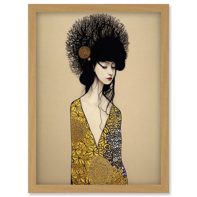 Artery8 The Goddess in Gold Black Klimt Style Robe Artwork Framed Wall Art Print A4 in Light Oak - image 1