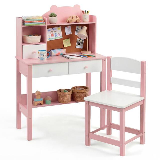 Gymax Study Table Kids Desk & Chair Set Writing Desk With Storage Hutch in Pink - image 1