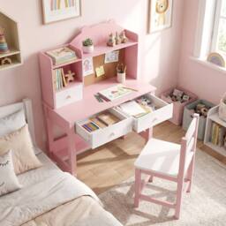 Gymax Study Table Kids Desk & Chair Set Writing Desk With Storage Hutch in Pink - thumbnail 8