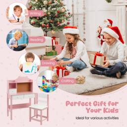 Gymax Study Table Kids Desk & Chair Set Writing Desk With Storage Hutch in Pink - thumbnail 3