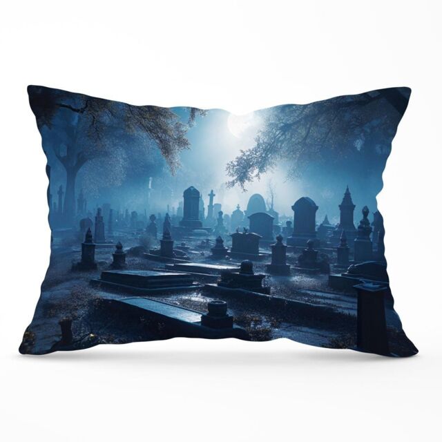 Warren Reed - Designer A Breathtaking Scene Of A Moonlit Graveyard Cushions in Blue - Size: 45 cm x 45 cm - image 1