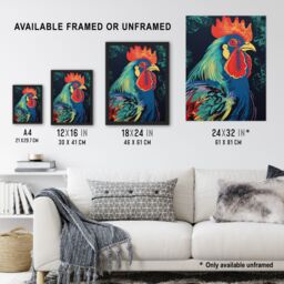"Artery8 Wall Art Print Rooster Hen Cock Chicken Artwork In Blue Red Vibrant Bold Bright Colourful Painting Poster - Size: W24"" x H32""" - thumbnail 3