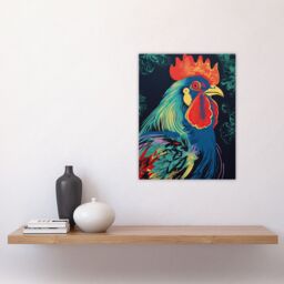 "Artery8 Wall Art Print Rooster Hen Cock Chicken Artwork In Blue Red Vibrant Bold Bright Colourful Painting Poster - Size: W24"" x H32""" - thumbnail 4