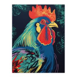 "Artery8 Wall Art Print Rooster Hen Cock Chicken Artwork In Blue Red Vibrant Bold Bright Colourful Painting Poster - Size: W24"" x H32""" - thumbnail 1