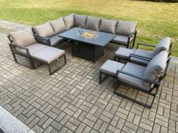 Fimous Aluminium 11 Pieces Garden Furniture Corner Sofa Set with Cushions Gas Fire Pit Dining Table Set with 3 Chairs 3 Footstools Dark Grey - thumbnail 1