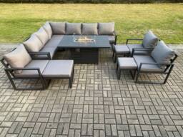Fimous Aluminium 11 Pieces Garden Furniture Corner Sofa Set with Cushions Gas Fire Pit Dining Table Set with 3 Chairs 3 Footstools Dark Grey - thumbnail 2