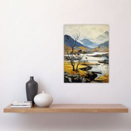 Artery8 Scottish Highlands In Autumn Oil Painting Ochre Blue Misty Mountains & Serene Lake Unframed Wall Art Print Poster Home Decor Premium - thumbnail 4