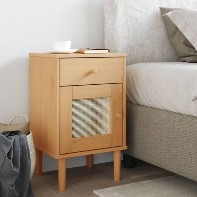 Berkfield Home Bedside Cabinet SENJA Rattan Look Brown 40x35x65 cm Solid Wood Pine - Size: 40 x 35 x 65 cm - image 1