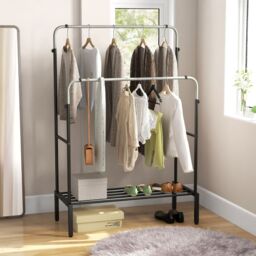 Costway Metal Clothes Hanging Garment Rack Height Adjustable Clothing Rack with 2 Rods in Black