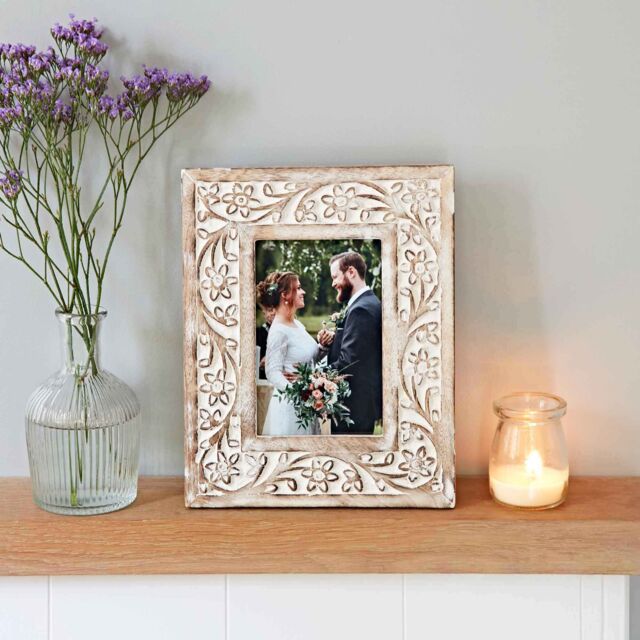 Paper High Iksu Antique White Floral Mango Wood Photo Frame in Natural - Size: Small - image 1