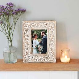 Paper High Iksu Antique White Floral Mango Wood Photo Frame in Natural - Size: Small