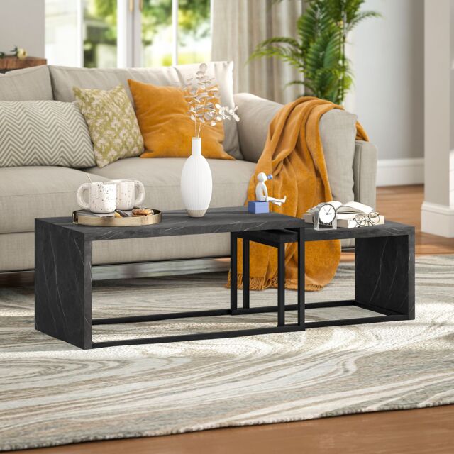 HOMCOM Coffee Tables Set of 2, Nest of Tables for Living Room, Dark Grey - image 1