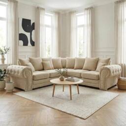 Abakus Direct Verona Linen Corner Sofa with Button Detail in Cream - thumbnail 1
