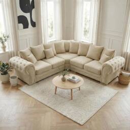 Abakus Direct Verona Linen Corner Sofa with Button Detail in Cream - thumbnail 5