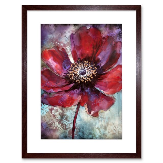 "Artery8 Wall Art Print Red Anemone Flower Bloom Watercolour Artwork Framed 9X7 Inch in Brown - Size: W7"" x H9""" - image 1