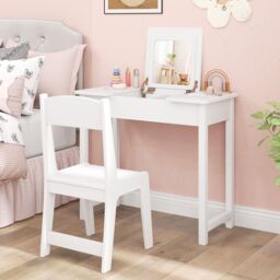 Costway Kids Vanity Set 2 in 1 Vanity Table & Chair Set w/Flip Top Mirror in White - thumbnail 8
