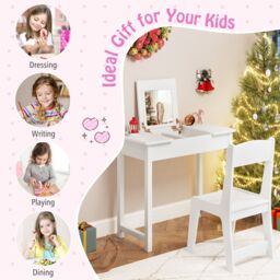 Costway Kids Vanity Set 2 in 1 Vanity Table & Chair Set w/Flip Top Mirror in White - thumbnail 9
