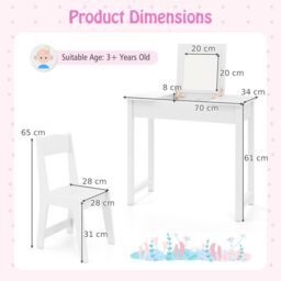 Costway Kids Vanity Set 2 in 1 Vanity Table & Chair Set w/Flip Top Mirror in White - thumbnail 4