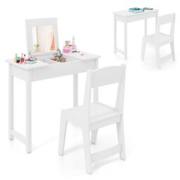 Costway Kids Vanity Set 2 in 1 Vanity Table & Chair Set w/Flip Top Mirror in White - thumbnail 1