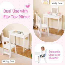 Costway Kids Vanity Set 2 in 1 Vanity Table & Chair Set w/Flip Top Mirror in White - thumbnail 5