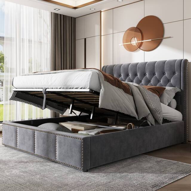 BTM Upholstered bed, functional storage bed, rivet decoration, velvet in Grey - Size: Double - image 1