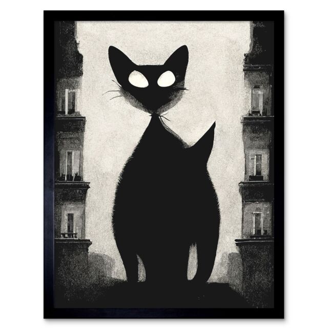 "Artery8 Wall Art Print Giant Black Cat Le Chat Noir City Monochrome Art Framed - Size: W12"" x H16""" - image 1