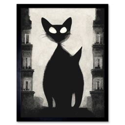 "Artery8 Wall Art Print Giant Black Cat Le Chat Noir City Monochrome Art Framed - Size: W12"" x H16""" - thumbnail 1
