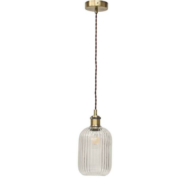 First Choice Lighting Batley - Clear Ribbed Glass Antique Brass Retro Pendant Fitting - image 1