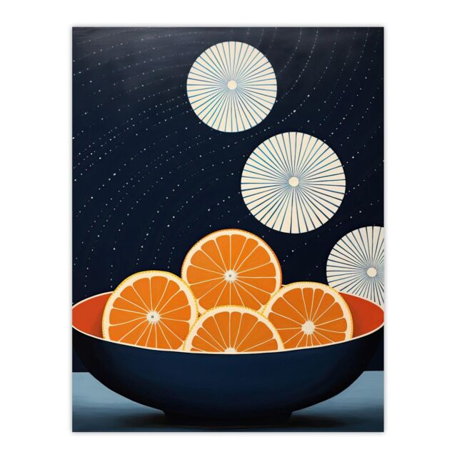"Wee Blue Coo Wall Art Print Citrus Circles Oranges in Bowl Night Sky Blue Abstract Oil Painting Poster in Dark Navy - Size: W18"" x H24""" - image 1