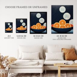 "Wee Blue Coo Wall Art Print Citrus Circles Oranges in Bowl Night Sky Blue Abstract Oil Painting Poster in Dark Navy - Size: W18"" x H24""" - thumbnail 3