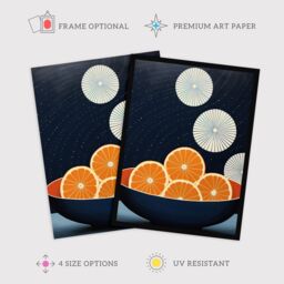 "Wee Blue Coo Wall Art Print Citrus Circles Oranges in Bowl Night Sky Blue Abstract Oil Painting Poster in Dark Navy - Size: W18"" x H24""" - thumbnail 2