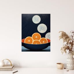 "Wee Blue Coo Wall Art Print Citrus Circles Oranges in Bowl Night Sky Blue Abstract Oil Painting Poster in Dark Navy - Size: W18"" x H24""" - thumbnail 4