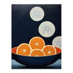 "Wee Blue Coo Wall Art Print Citrus Circles Oranges in Bowl Night Sky Blue Abstract Oil Painting Poster in Dark Navy - Size: W18"" x H24""" - thumbnail 1