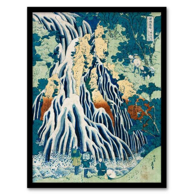 Artery8 Katsushika Hokusai Framed Wall Art Mist Waterfall At Mount Kurokami in Green - Size: A4 - image 1