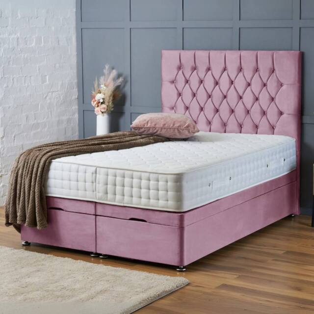 "BSSPOKE Mia Ottoman Divan Bed Plush Velvet 54"" Headboard & Mattress in Pink - Size: Small Double" - image 1
