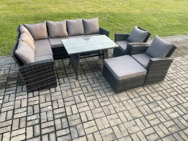Fimous High Back Outdoor Garden Furniture Set Rattan Corner Sofa Dining Table Set With Big Footstool Armchair in Dark Grey - image 1