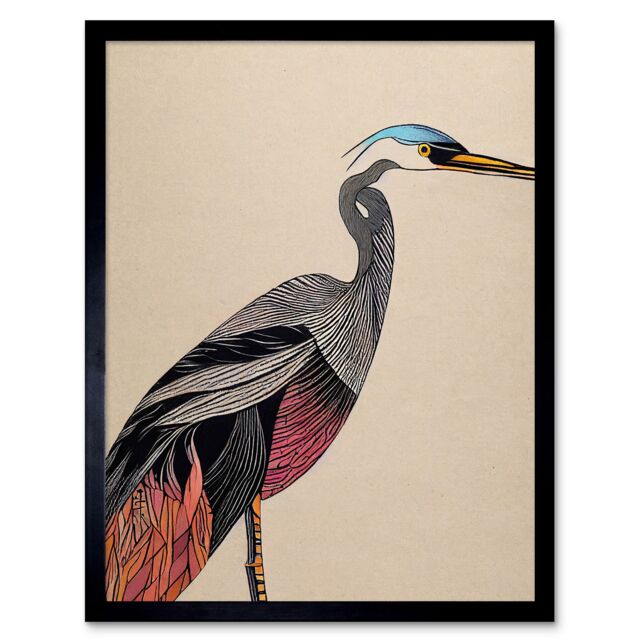 "Artery8 Wall Art Print Abstract Heron Bird Coral & Teal Hue Art Framed in Black - Size: W12"" x H16""" - image 1