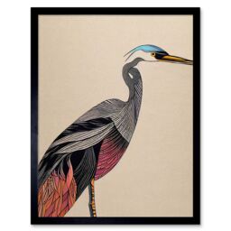 "Artery8 Wall Art Print Abstract Heron Bird Coral & Teal Hue Art Framed in Black - Size: W12"" x H16""" - thumbnail 1