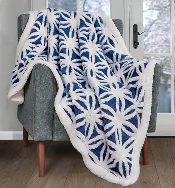 Velosso Sherpa Backed Thermal Soft Throw, Luxury Jacquard Blanket, Easy Care in Navy - Size: 150 cm × 200 cm