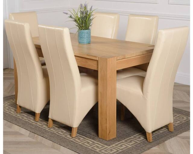 Thats Furniture Kuba 150 x 85 cm Chunky Medium Oak Dining Table & 6 Lola Leather Chairs in Cream - image 1
