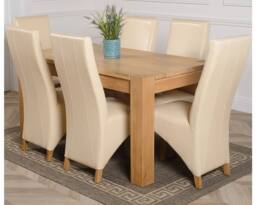 Thats Furniture Kuba 150 x 85 cm Chunky Medium Oak Dining Table & 6 Lola Leather Chairs in Cream