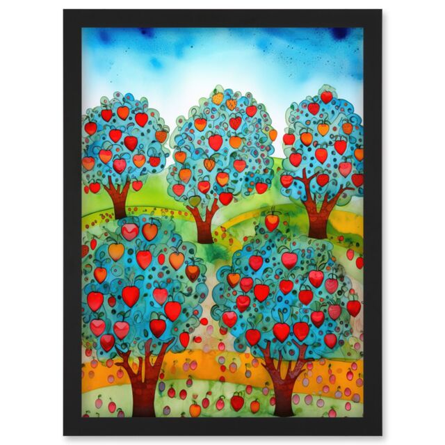 Artery8 Apple Orchard Trees Ready For Harvest Folk Art Landscape Watercolour Painting Artwork Framed Wall Art Print A4 in Black - image 1