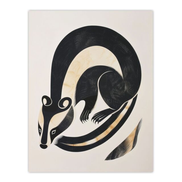 "Artery8 Badger Inuit Art Style Animal Painting Wall Art Print in Black - Size: W24"" x H32""" - image 1