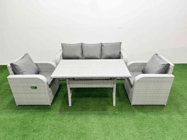 Fimous PE Rattan Garden Furniture Set Reclining Chair Sofa Lounge Sofa Set Rectangular Dining Table Light Grey - image 1