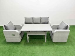 Fimous PE Rattan Garden Furniture Set Reclining Chair Sofa Lounge Sofa Set Rectangular Dining Table Light Grey - thumbnail 1