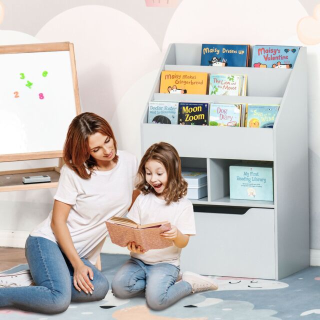 HOMCOM Kids Bookshelf Bookcase with Storage Drawer with Wheels Toy Organiser in Grey - image 1