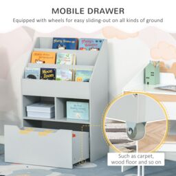 HOMCOM Kids Bookshelf Bookcase with Storage Drawer with Wheels Toy Organiser in Grey - thumbnail 5