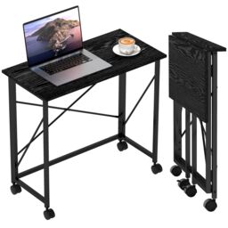 HOMCOM Folding Desk on Wheels, Writing Table for Home Office, Black - thumbnail 2