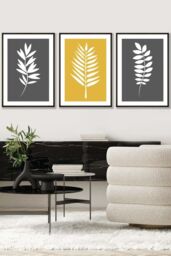 ARTZE Grey Yellow Graphical Leaves Framed Wall Art - Large in Black - Size: W53 cm x H73 cm x D20mm - thumbnail 1