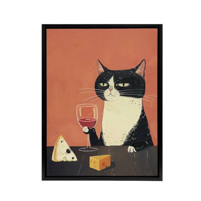 "Artery8 Tuxedo Cat Drinking Wine With Cheese Framed Canvas Wall Art Print in Orange - Size: W12"" x H16""" - image 1